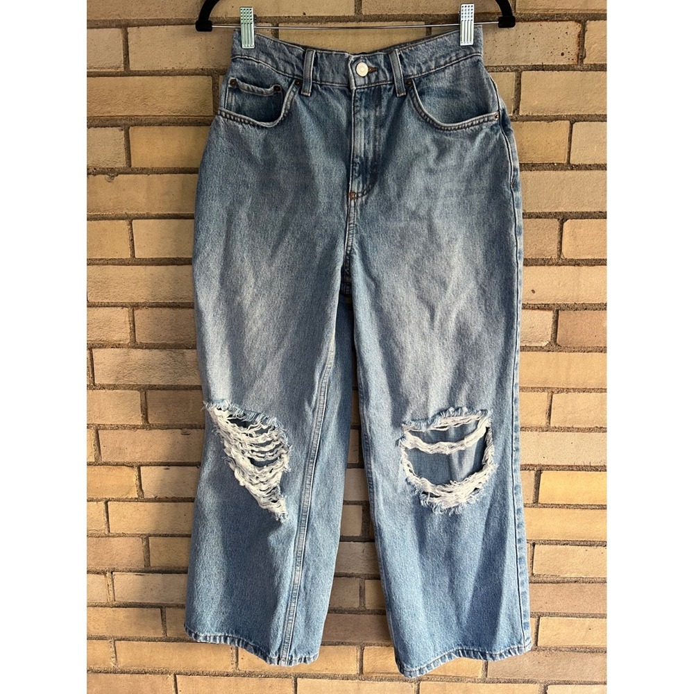 ASOS DESIGN Petite High Rise Dad Jeans Light Wash Distressed Blue Size 28/26